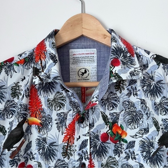A Fish Named Fred Toucan Leaf Print Colorful Short Sleeve Shirt from Amsterdam M - Picture 2 of 14
